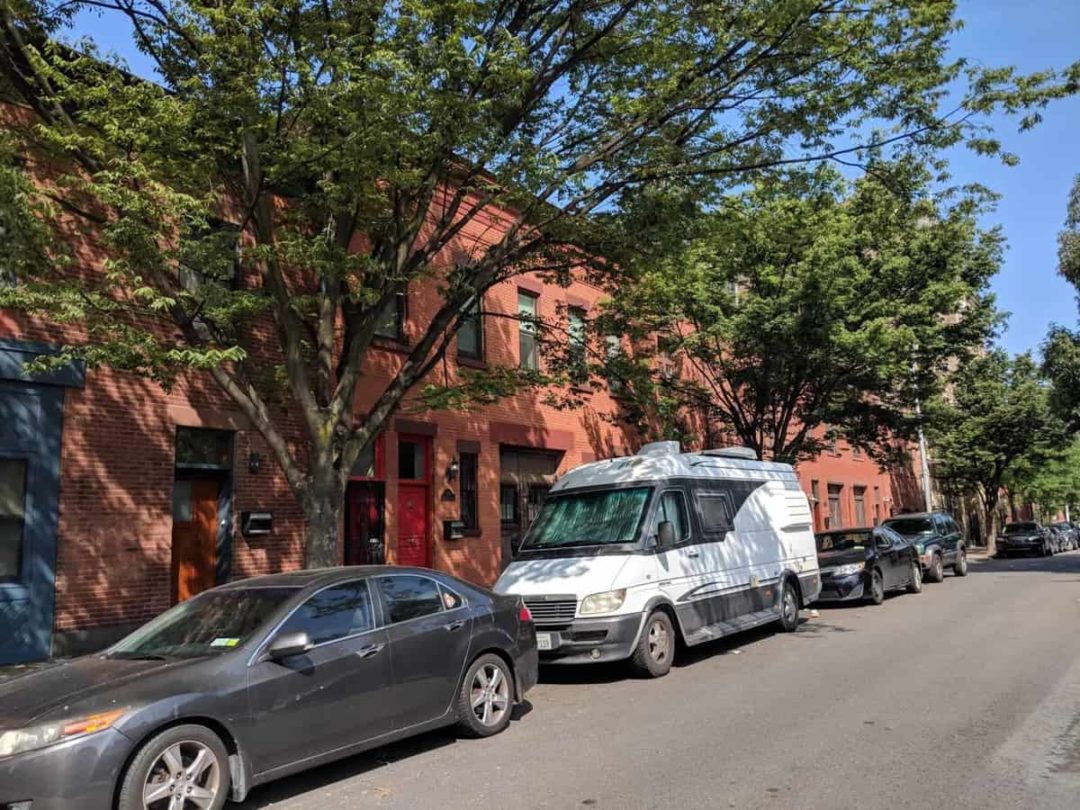 A row of cars parked on an urban street lined with trees