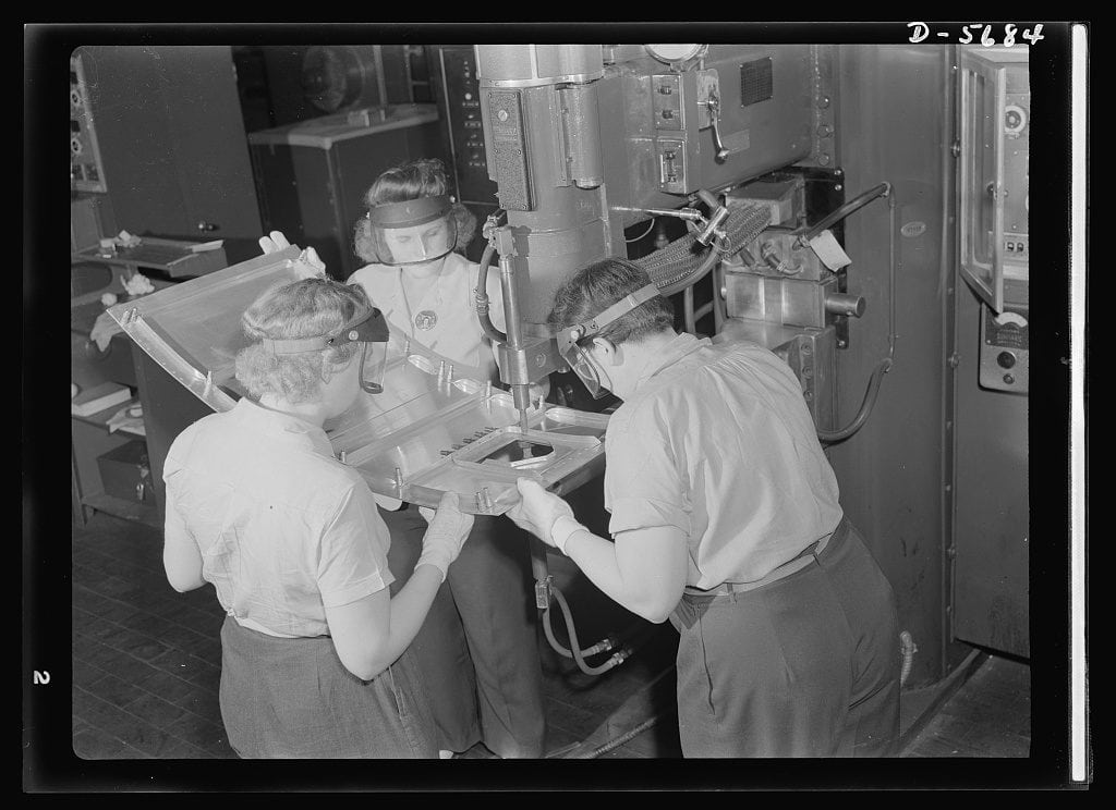 "Rosies" spot welding the nacelle of an aircraft engine