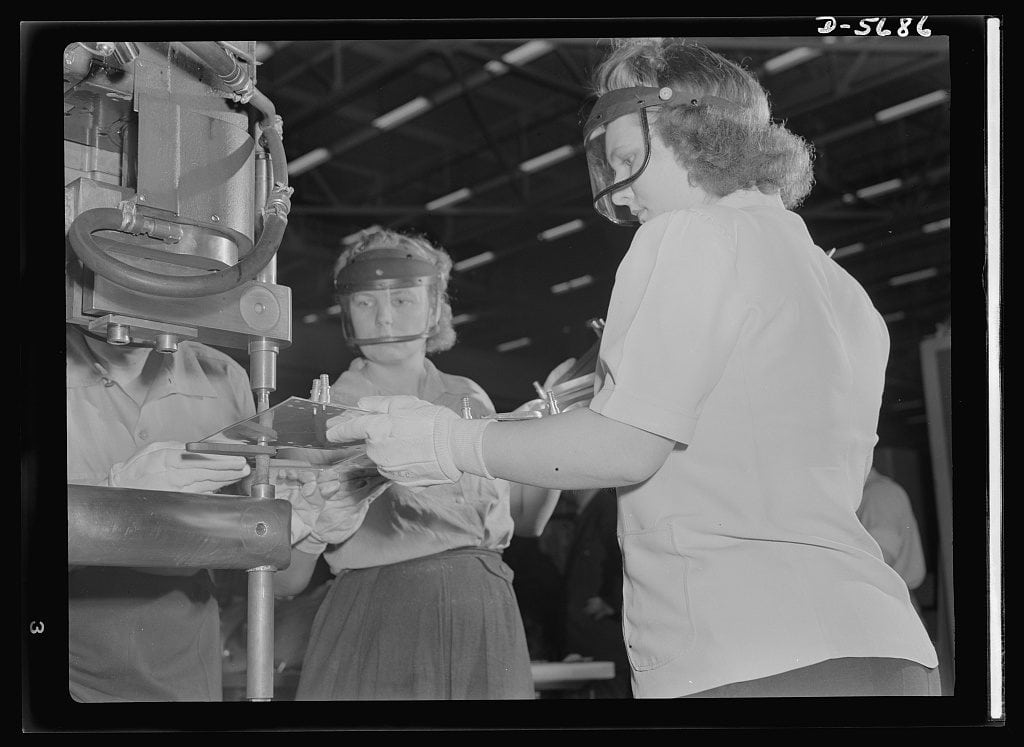 Women operating a spot welding machine at Willow Run