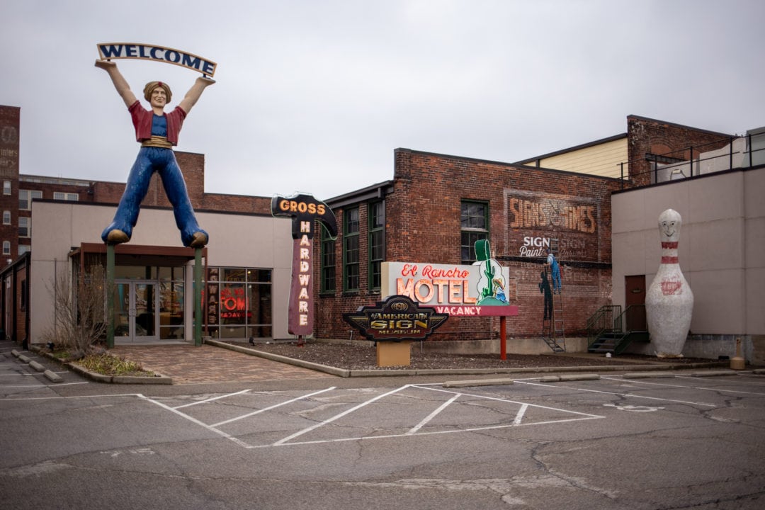 Signs in the parking lot of the American Sign Museum