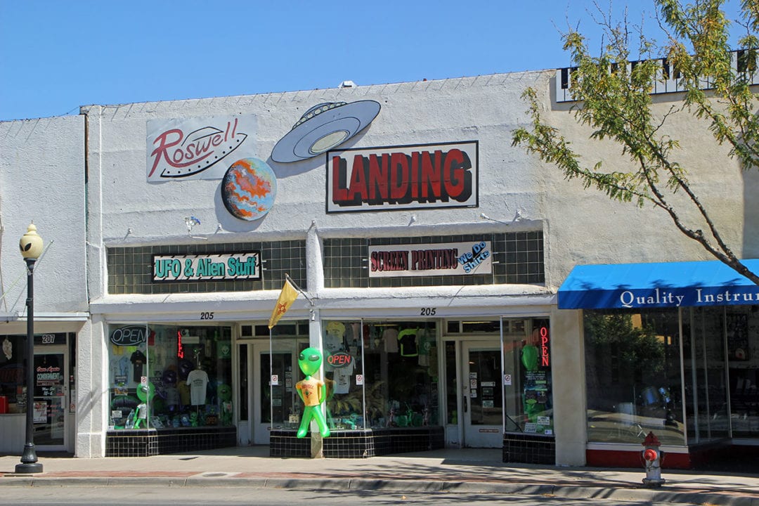 Roswell's Main Street is lined with UFO-themed stores and street lamps with alien eyes. 