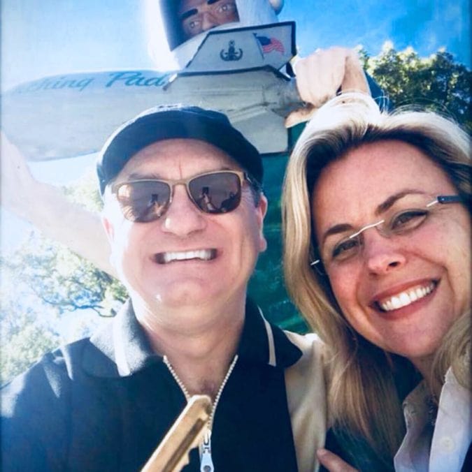 Tully Garrett (left), Holly Barker (right), and the Gemini Giant