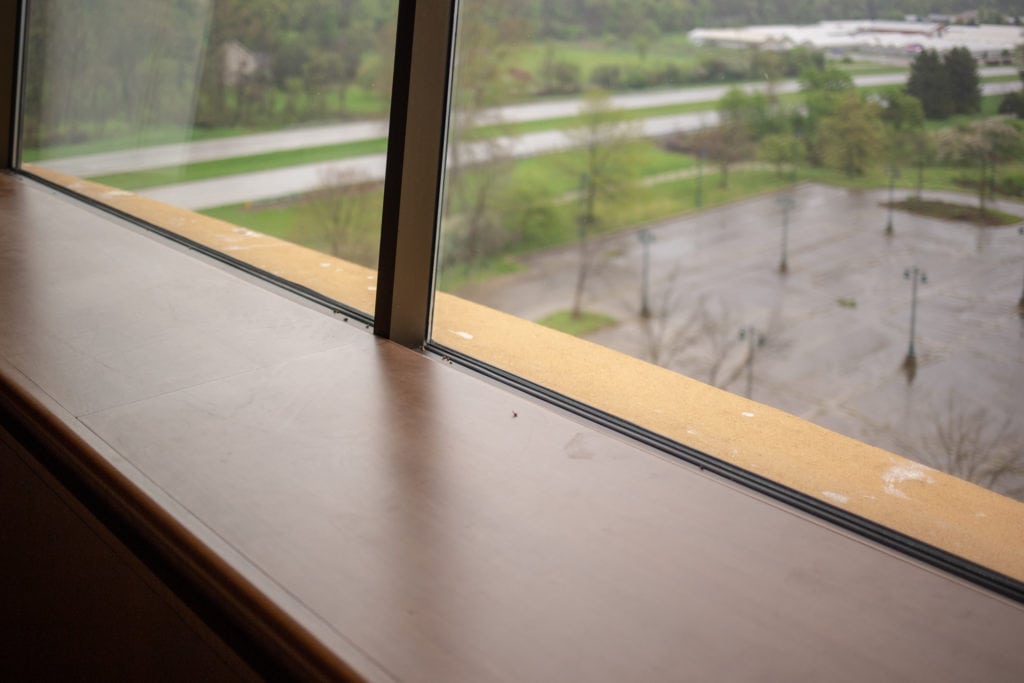 looking out onto the parking lot