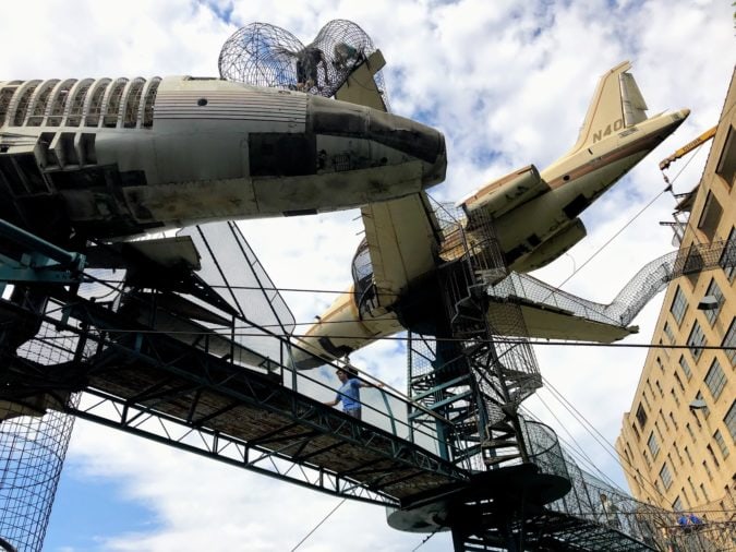 Kids and adults can climb inside both fuselages.