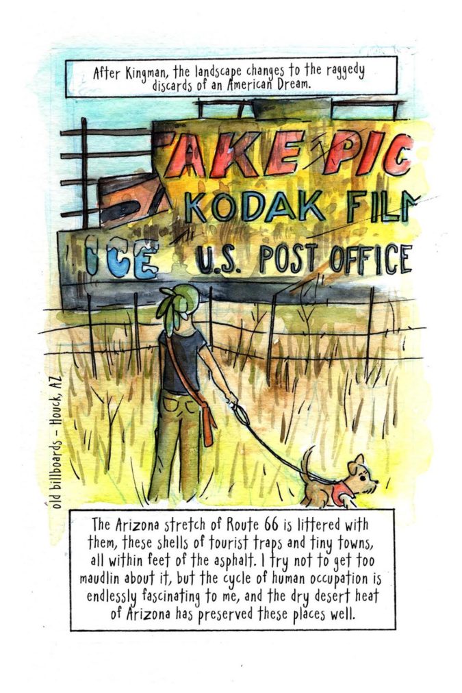 a watercolor portrait of the artist and their dog in front of a dilapidated billboard