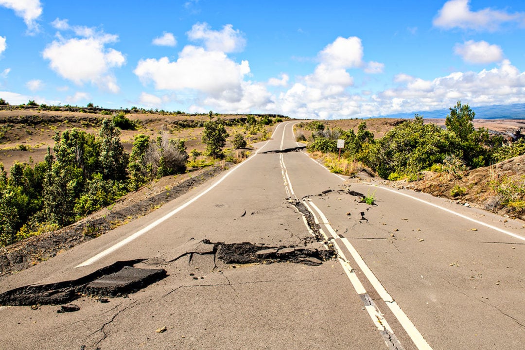 Damaged asphalt along Crater Rim Drive. 