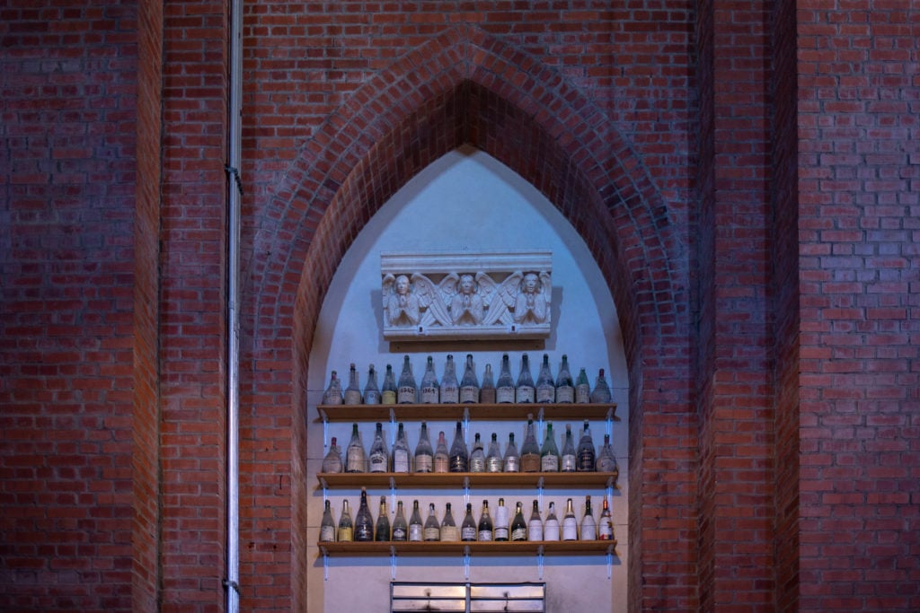 Champagne bottles from past New Year's Eve celebrations.