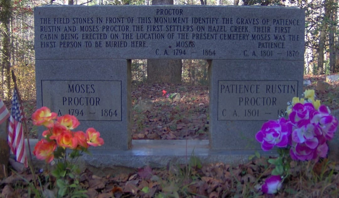 Monument marking the graves of Moses and Patience Rustin Proctor at Proctor Cemetery.