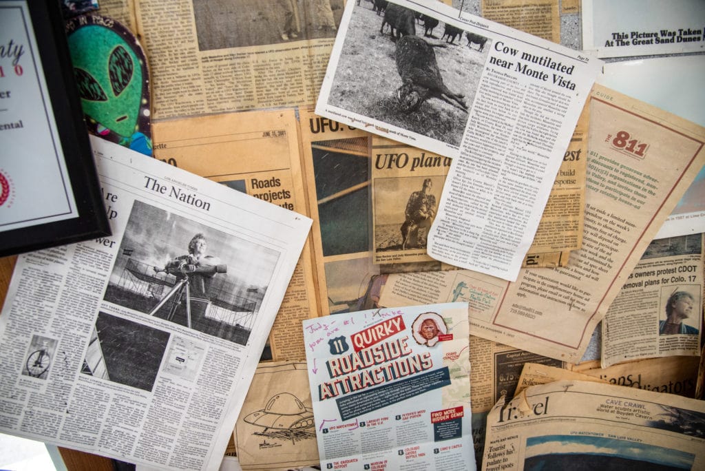 Various newspaper clippings about Messoline and the UFO Watchtower line one side of her small gift shop.