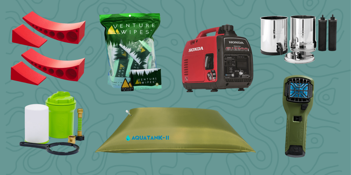 Collage of products that can be used for boondocking like generator, bug spray, and water filters