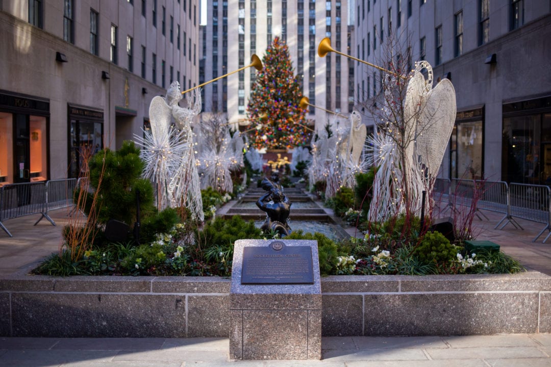 The area around the Rockefeller Center Christmas tree is almost eerily quiet.