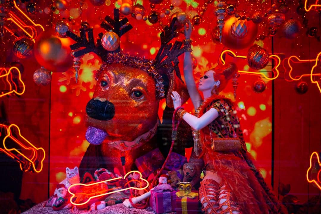 a holiday window display featuring a large glittery dog, neon bones and a mannequin dressed in feathers