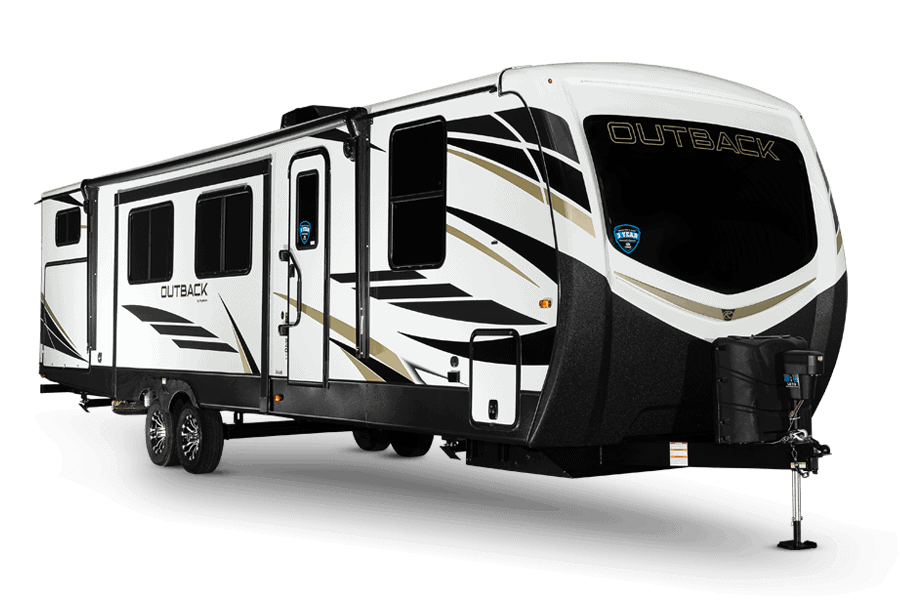 Exterior view of 38-foot travel trailer by Keystone.