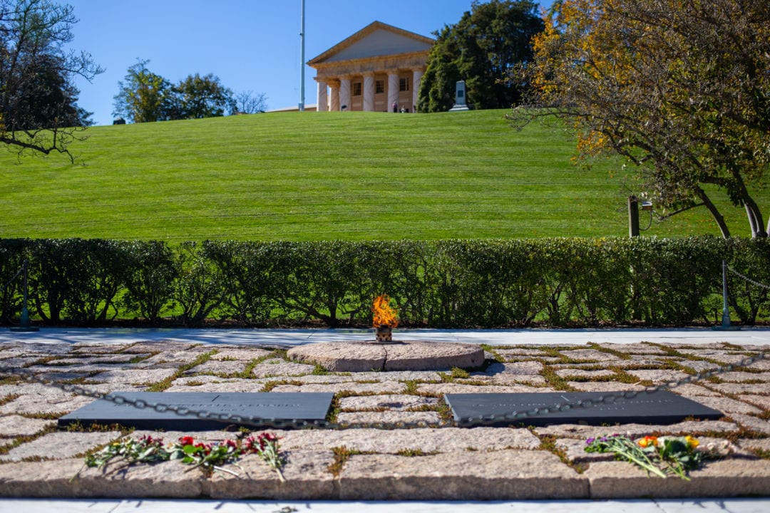 The Kennedy Plot with its burning flame and the Arlington House in the background