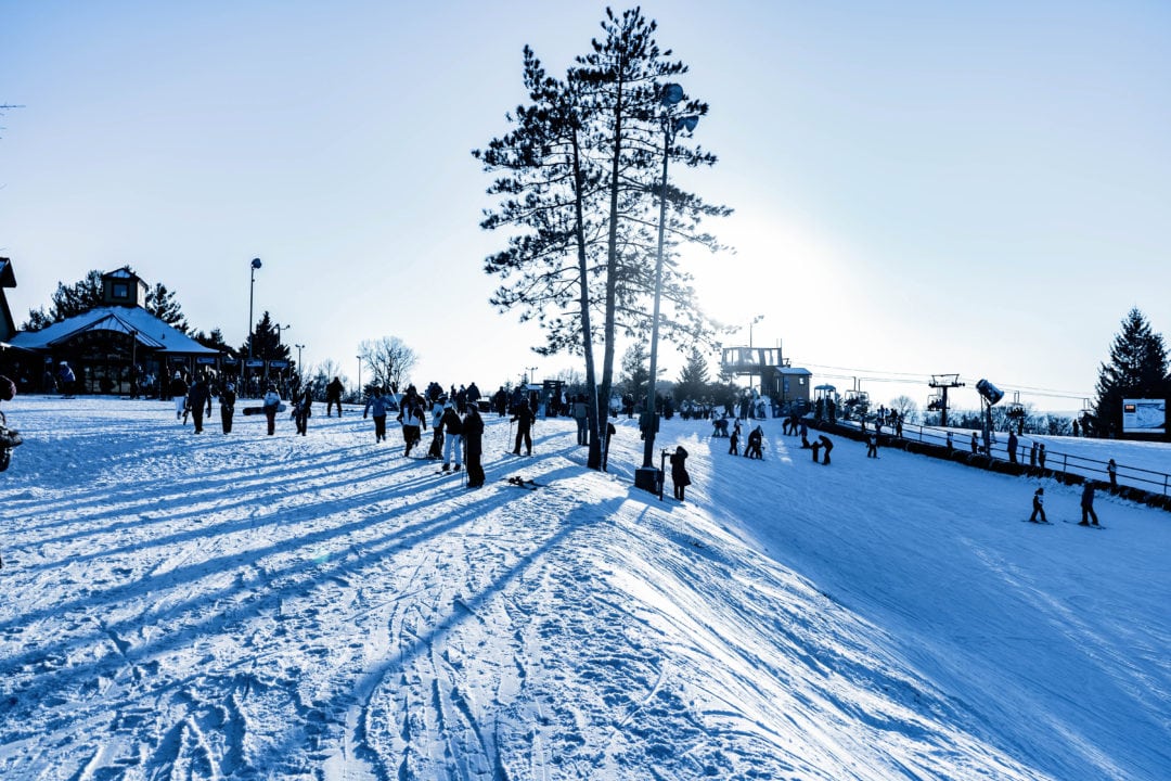 Skiers and snowboarders gathered at Chestnut ski area in Illinois.