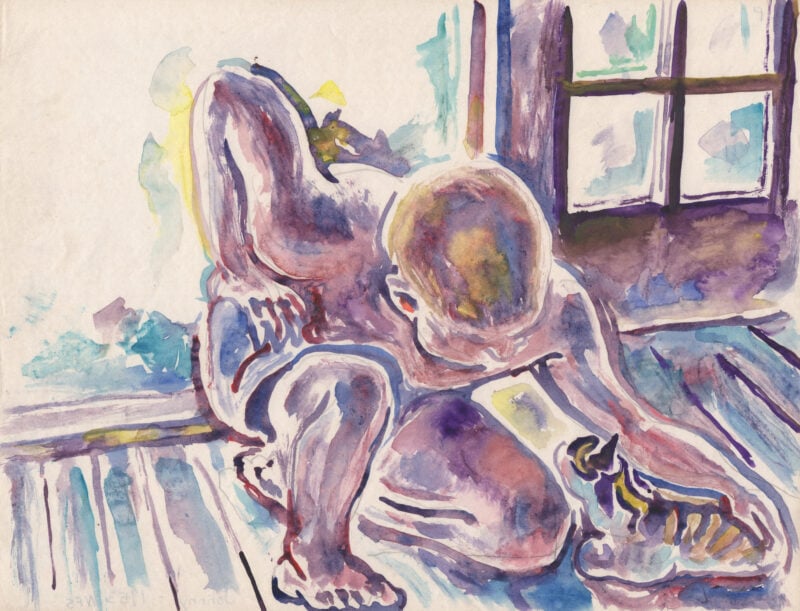 a colorful painting of a boy petting a cat