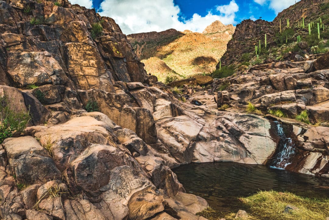 A beautiful setting and collection of ancient Hohokam petroglyphs on the Hieroglyph trail in the Tonto National Forest in the Superstition Mountains east of Phoenix, Arizona, United States.