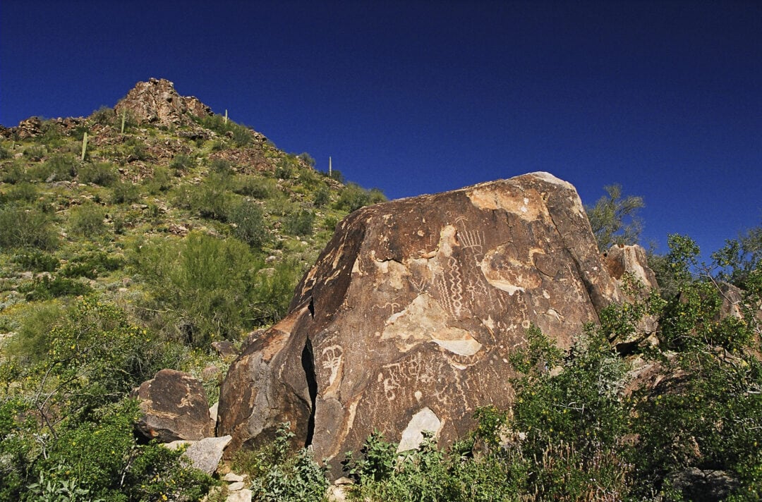 A large rock covered in petroglyphs sits on a grassy mountainside 