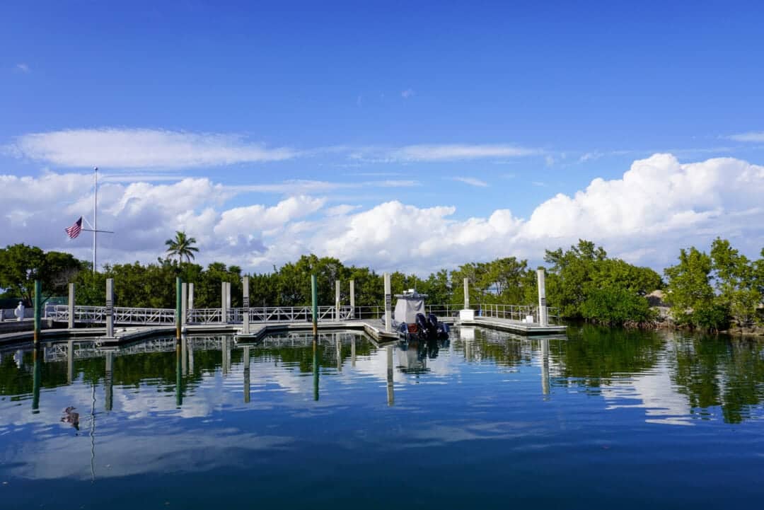 view of a small harbor with docks, blue water, and a blue sky