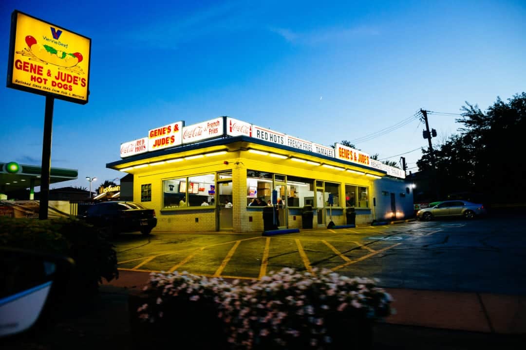 Diner illuminated with yellow neon lighting