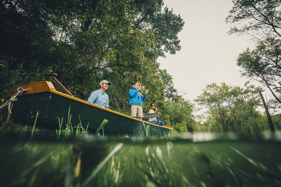 a family of three fishes from a boat surrounded by water and greenery