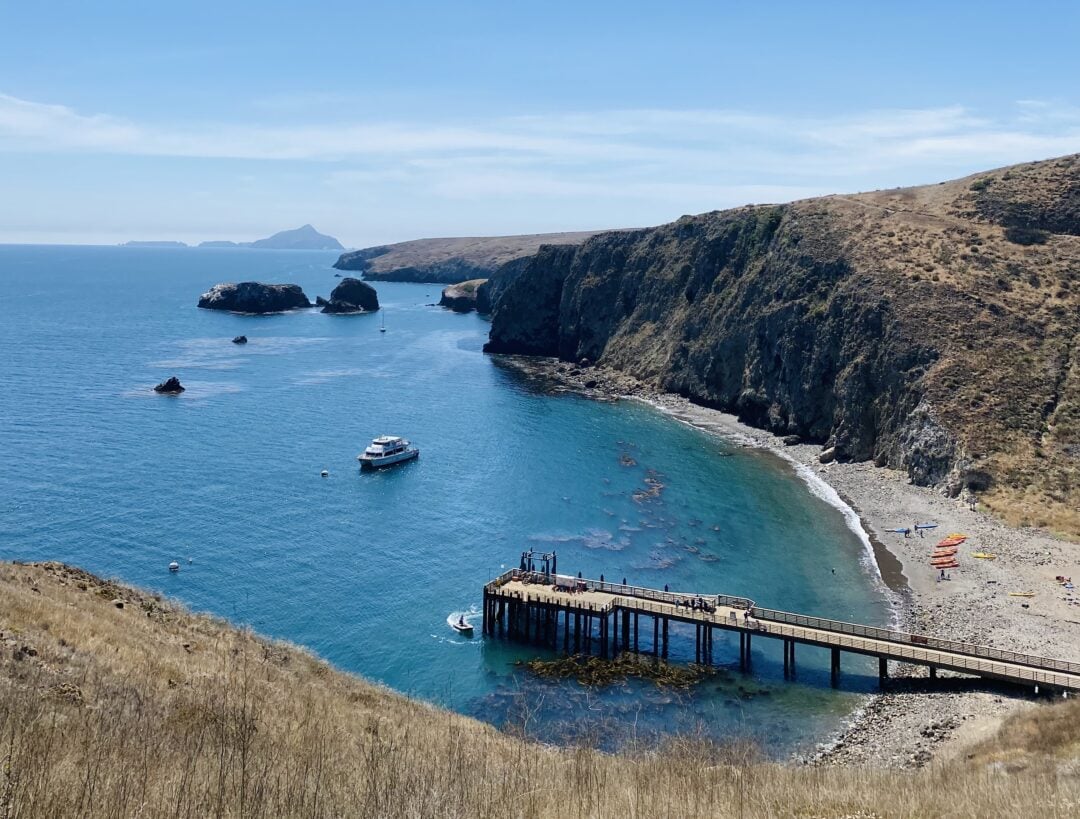 Aerial view of shorline and dock at Channel Islands National Park