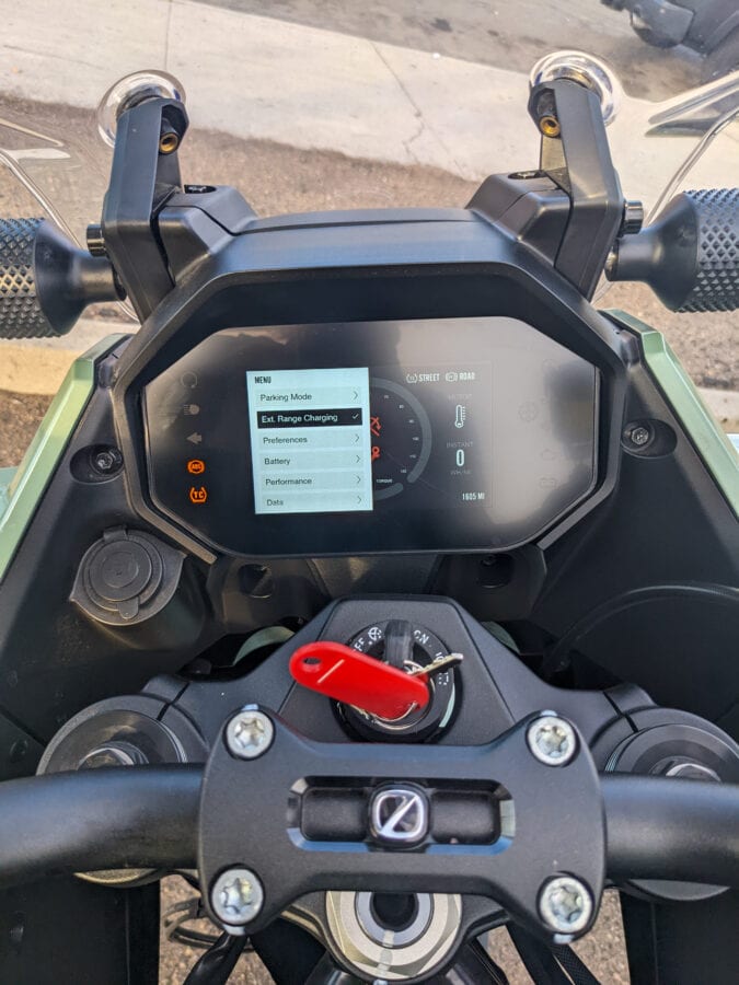 Closeup of an EV motorcycle display