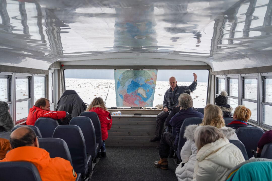 The inside of a tundra buggy reveals a warm, safe environment for sightseeing.