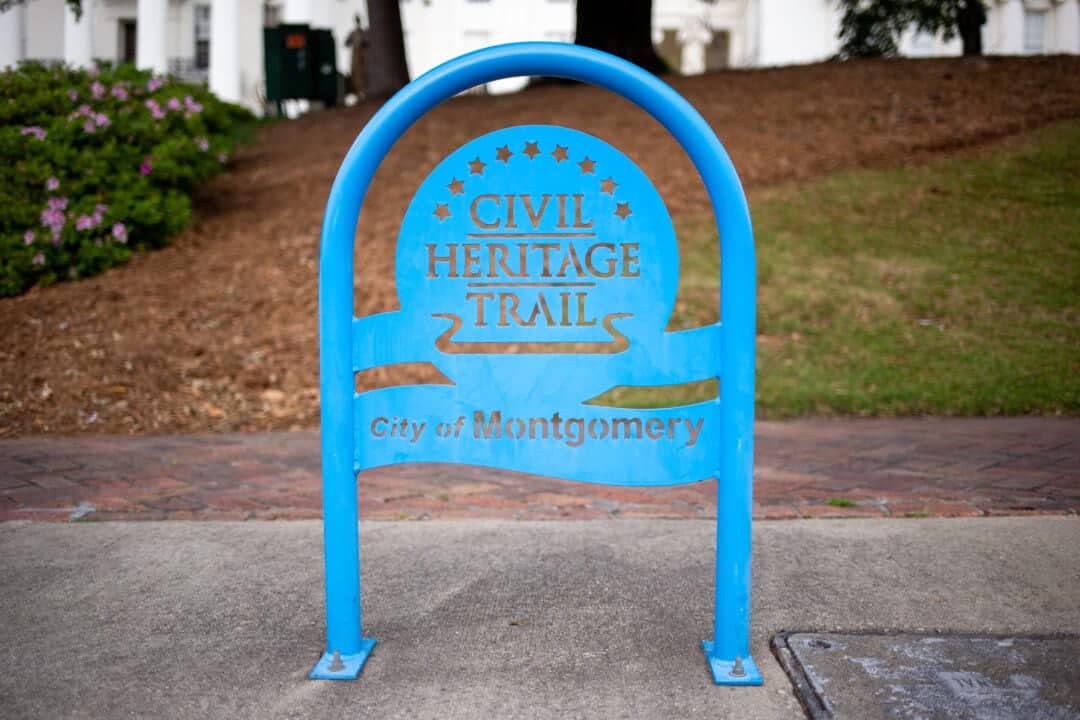 A blue bike rack in Montgomery, Alabama