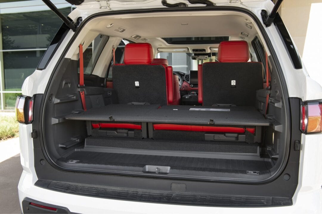 The back hatch of the 2023 Toyota Sequoia i-FORCE MAX Hybrid AWD stands open to reveal the interior