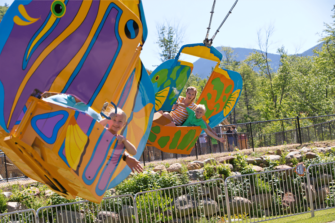 people riding on a ride in cars shaped like colorful fish
