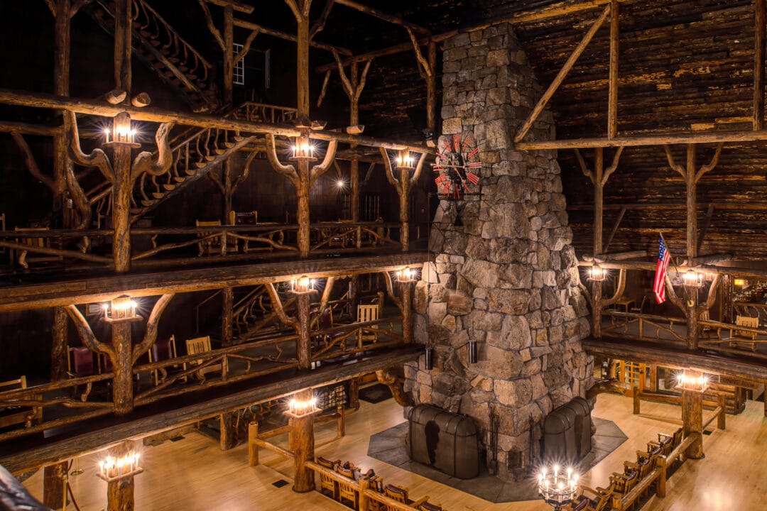 Interior of the historical Old Faithful Inn hotel lobby