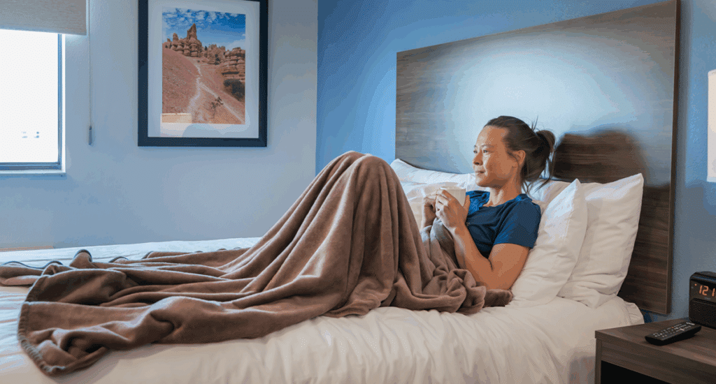 Woman sitting in bed of a My Place Hotel room