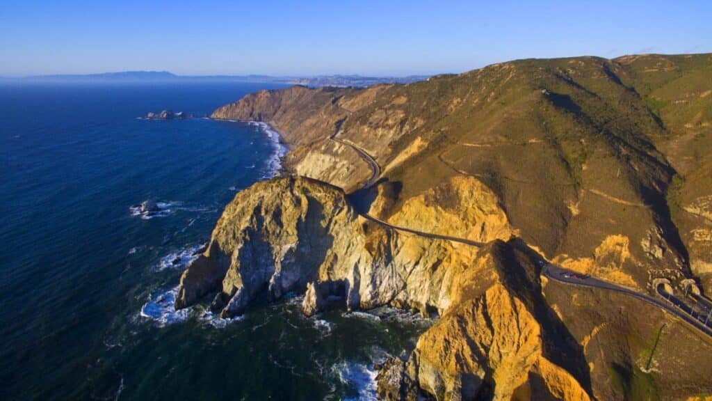 A bird's-eye view of the Devil's Slide Trail along the Pacific Coast Highway